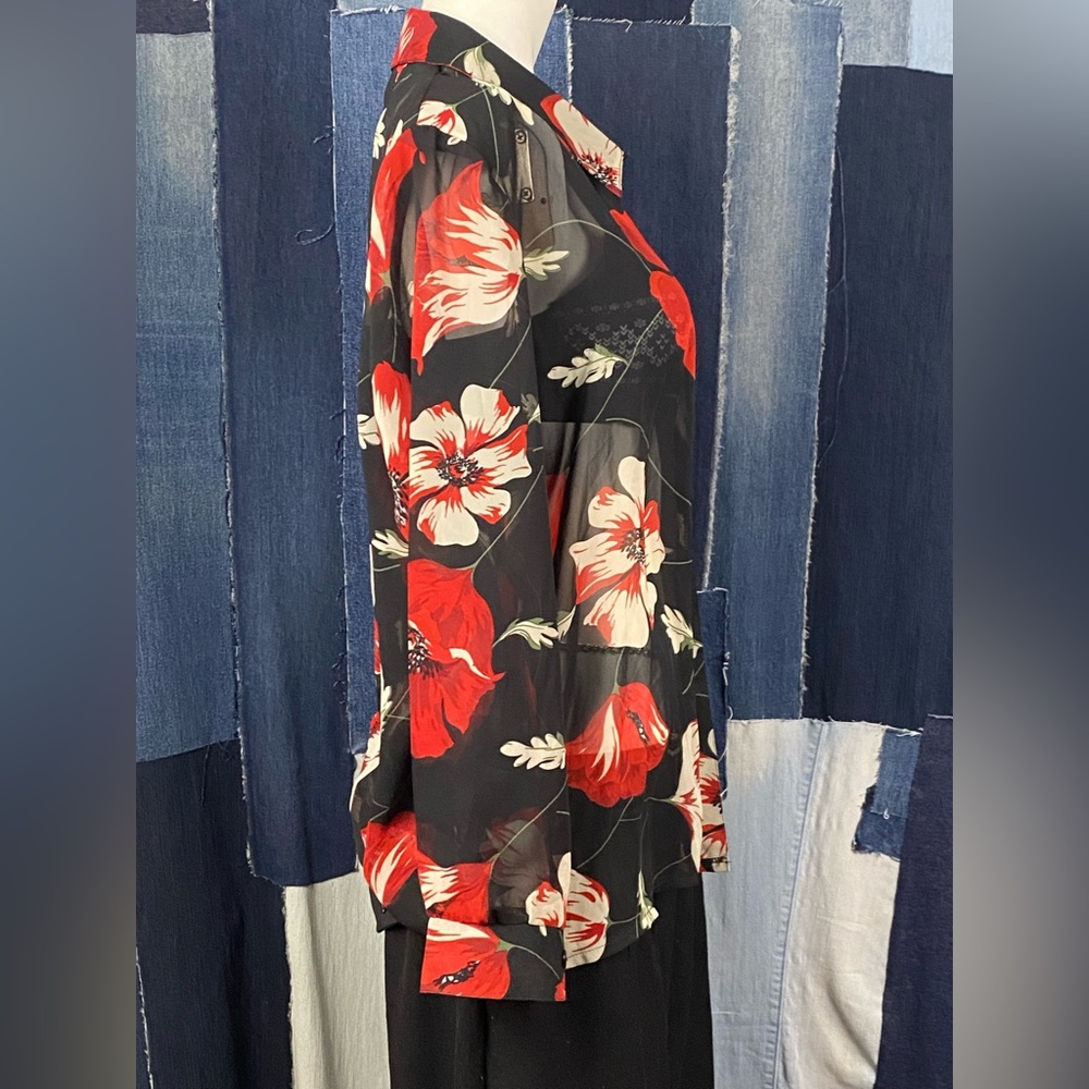 Big Floral Sheer Long Sleeve Collared Blouse Sz L - Picture 3 of 8